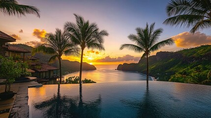 Poster - A tranquil oceanfront pool surrounded by lush palm trees, perfect for a relaxing getaway