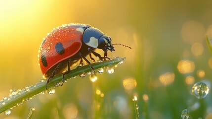 Poster - A ladybug sits on a single blade of grass