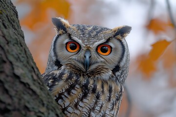 Poster - A close-up shot of an owl sitting on a tree branch, looking alert