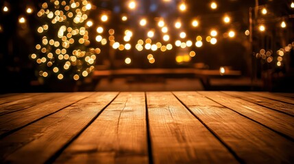 Wall Mural - Empty woooden table top with abstract warm living room decor with christmas tree string light blur background with snow,Holiday backdrop,Mock up banner for display of advertise product.Empty woooden