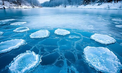 Poster - Close-Up of Blue Ice Cracks on a Lake with Snowy Pine Hills in Winter