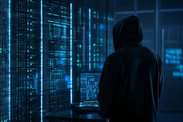 Poster - Hooded hacker in corporate data center. Rows of rack servers. AI training cluster and Artificial Intelligence. Cloud data storage. Cybercrime and network security. Digital information protection