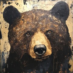 Poster - A large brown bear is depicted on a wall in a colorful mural