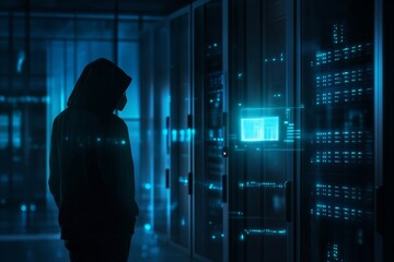 Poster - Hooded hacker in corporate data center. Rows of rack servers. AI training cluster and Artificial Intelligence. Cloud data storage. Cybercrime and network security. Digital information protection