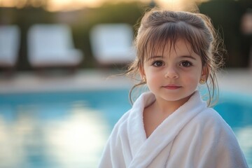 Wall Mural - A young child standing by the side of a pool, wearing a bathrobe and possibly getting ready for a swim