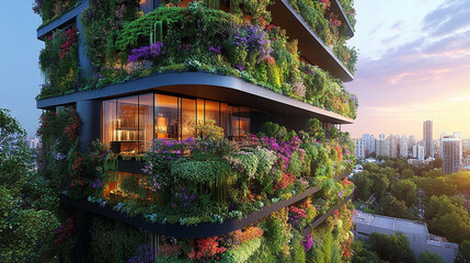 Wall Mural - A modern sustainable building covered in vertical gardens symbolizing harmony with nature innovation eco-friendly architecture green living urban sustainability environmental consciousness future citi