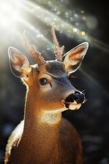 Sticker - A deer's face with sunlight shining behind, great for wildlife or nature scenes