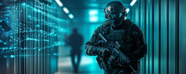 Poster - SWAT soldier in data center. Special forces in cyber war. Cybercrime, cybersecurity concept. Data and network protection. Armed FBI agent, police officer in AI cluster corridor. Banner with copy space