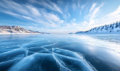 Poster - Blue Ice Surface with Cracks and Pine Hills Against a Winter Sky
