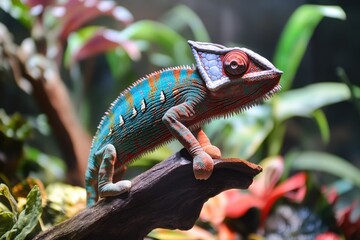 Poster - A chameleon sits on a branch, showcasing its vibrant blue and orange colors