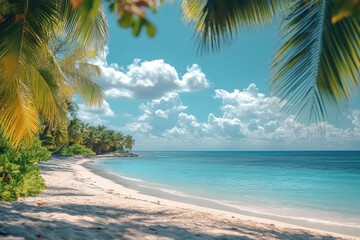 Poster - A serene coastal scene with palm trees and blue water