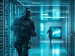 © dreamdes - SWAT soldier in data center. Special forces in cyber war. Cybercrime, cybersecurity concept. Data and network protection. Armed FBI agent, police officer in AI cluster corridor. Banner with copy space