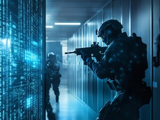 Poster - SWAT soldier in data center. Special forces in cyber war. Cybercrime, cybersecurity concept. Data and network protection. Armed FBI agent, police officer in AI cluster corridor. Security guard