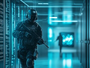 Poster - SWAT soldier in data center. Special forces in cyber war. Cybercrime, cybersecurity concept. Data and network protection. Armed FBI agent, police officer in AI cluster corridor. Banner with copy space