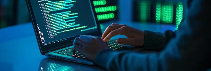 Poster - Hands typing on the laptop. Hacker in dark operating room. Cybercrime, attack and cyberattack concept. Cybersecurity, data protection. IT specialist, programmer
