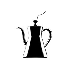 Poster - The image shows a simple black and white silhouette of a coffee pot with a curved spout and handle.