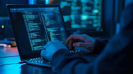Poster - Hands typing on the laptop. Hacker in dark operating room. Cybercrime, attack and cyberattack concept. Cybersecurity, data protection. IT specialist, programmer
