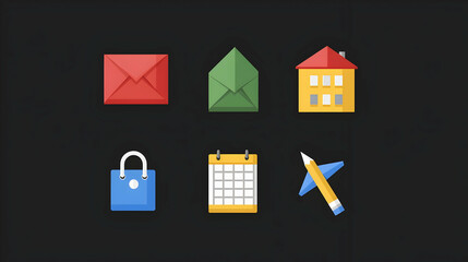 Flat icons of communication, commerce, and travel on dark background.