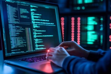 Poster - Hands typing on the laptop. Hacker in dark operating room. Cybercrime, attack and cyberattack concept. Cybersecurity, data protection. IT specialist, programmer
