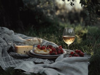 Poster - Food and wine on picnic blanket