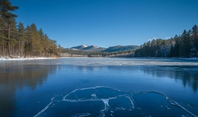 Poster - Blue Ice Cracks on a Winter Lake with Pine Hills and Clear Blue Sky