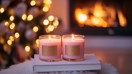 Poster - Lit candles with festive bokeh lights and a cozy fireplace in the background