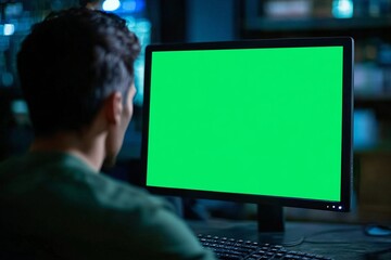 Poster - Hacker in mask working at green screen monitor mockup. Dark operating room with multiple monitors. Cybercrime, attack and cyberattack concept. Cybersecurity, data protection.