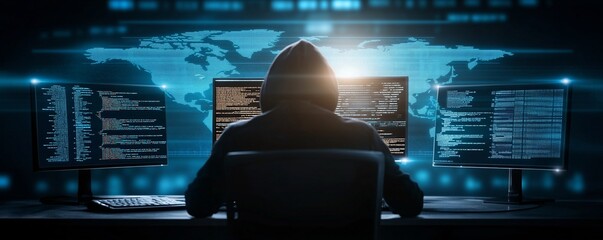 Poster - Hooded hacker working on computer. Dark operating room with multiple monitors. Cybercrime, attack and cyberattack concept. Cybersecurity, data protection. Global network