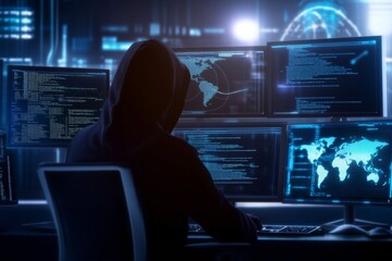 Poster - Hooded hacker working on computer. Dark operating room with multiple monitors. Cybercrime, attack and cyberattack concept. Cybersecurity, data protection. Global network