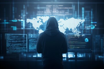Poster - Hooded hacker working on computer. Dark operating room with multiple monitors. Cybercrime, attack and cyberattack concept. Cybersecurity, data protection. Global network