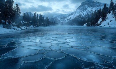 Poster - Detailed Blue Ice Cracks on a Frozen Lake Surrounded by Pine-Covered Hills