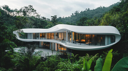 Poster - Contemporary organic house in rainforest with sleek curved design and glass facade