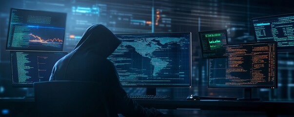 Poster - Hooded hacker working on computer. Dark operating room with multiple monitors. Cybercrime, attack and cyberattack concept. Cybersecurity, data protection. Global network. Banner with copy space