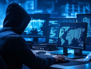 Poster - Hooded hacker working on computer. Dark operating room with multiple monitors. Cybercrime, attack and cyberattack concept. Cybersecurity, data protection. Global network. Banner with copy space
