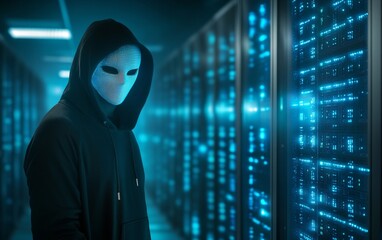 Poster - Hooded hacker in corporate data center. Rows of rack servers. AI training cluster. Cloud data storage. Cybercrime and network security. Digital information protection. Banner with copy space