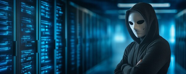 Poster - Hooded hacker in corporate data center. Rows of rack servers. AI training cluster. Cloud data storage. Cybercrime and network security. Digital information protection. Banner with copy space