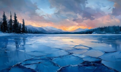 Poster - Blue Cracked Ice on a Frozen Lake with Pine Hills and Winter Sky Above
