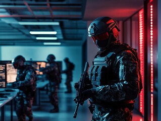 Poster - SWAT soldiers team in command center. Special forces in cyber war. Cybercrime, cybersecurity concept. Security alert. Armed FBI agent, police officer in operating room. Security guard. Ai cluster