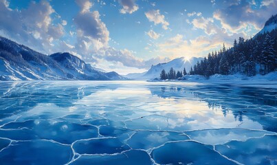 Poster - Blue Cracked Ice on a Frozen Lake with Pine Hills and Winter Sky Above