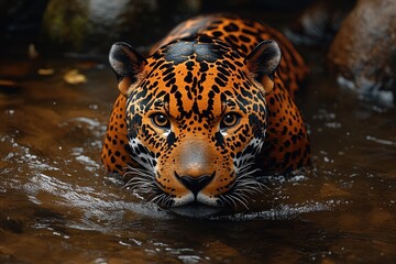 Aufkleber - A close-up view of a leopard's face and neck submerged in water