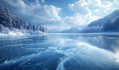 Poster - Blue Ice Cracks on a Lake with Pine Hills and Expansive Winter Sky