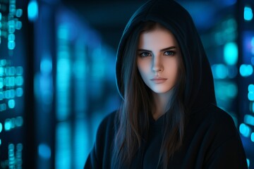 Poster - Young woman hacker in corporate data center. Rows of rack servers. AI training cluster. Cloud data storage. Cybercrime and network security. Digital information protection.