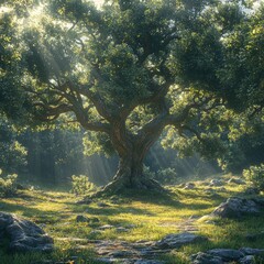 Poster - A single large tree standing tall in a lush green field