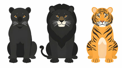 Wall Mural - Sitting big cats, black panther, lion, tiger, zoo, wildlife illustration.