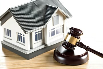 Poster - A wooden gavel rests beside a miniature model of a house on a table, perfect for use in real estate or law-themed illustrations
