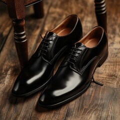 Poster - A pair of black shoes sitting on top of a wooden floor, perfect for use in interior design or product photography