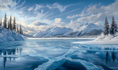 Poster - Blue Ice Cracks on a Lake with Pine Hills and Expansive Winter Sky