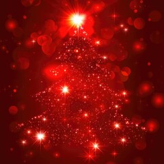 Poster - A Christmas tree constructed from twinkling stars on a bright red background