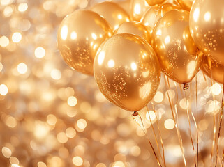 Poster - Golden balloons with sparkling bokeh lights background for celebration