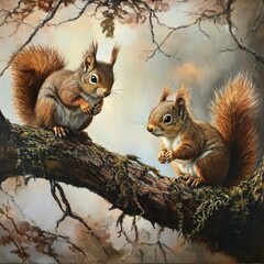 Poster - Squirrels perched on a tree branch, illustration style